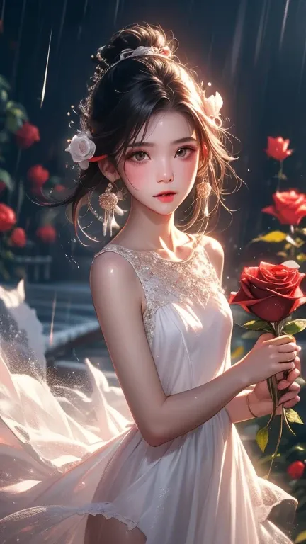 Photorealistic fshorts, rain wet Asian girl, sharp nose, beautiful white skin, long slender face, ears like a helm, big breasts, short dress, revealing big breasts, formed from light, holding a red rose stem, high contrast, high definition 80k uhd