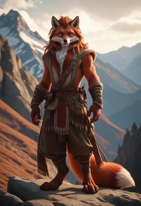 Full body, cherry-red fox , Male, Fuzzy, Front view, with mane, Claws on fingers and toes,  very detailedes Fell, Hunter clothing ,  up in the picturesque high mountains,  highest quality,  high resolution ,  very detailed,  very detaileder Hintergrund