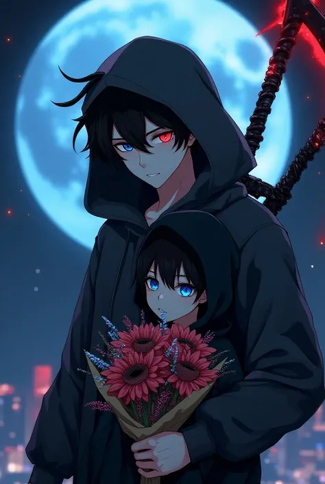 A anime matching profile picture a boy with black messy hair dark gray hoodie covered his head fully with two different eye colour one is blue and one is red only boy and looking dangerous and powerful grown up with a very much detailed cool red scythe beh...