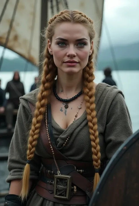 a viking woman, 30yo attractive norse woman, viking shieldmaiden, (medium strawberry-blonde hair, viking braids), (dark eyeshadow, dark eyeliner, fully lips, detailed green deep eyes, withered face skin, beautifully matured face), (in simple warm medieval ...