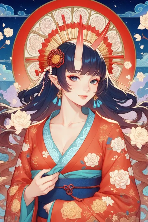 A stunning oni-faced geisha with a beautifully elegant body, wearing a traditional yet fantastical kimono adorned with intricate patterns, set in an Art Nouveau-inspired environment. The composition is influenced by the dynamic, highly detailed, and heroic...