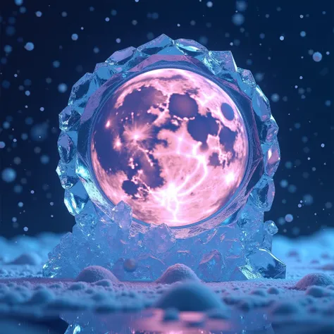 A radiant, midnight-blue moon is transformed into a majestic, dark-hued ice sculpture, its delicate, glistening facets reflecting the soft, bokeh-effect snowflakes gently falling around it. The ice seems to come alive with an ethereal glow, as if infused w...