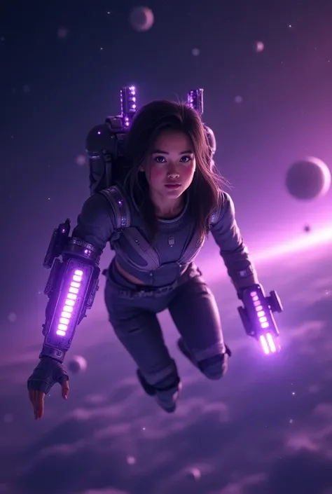 Create a young adult .  Round eyes with small eyeliner .  White skin flushed cheeks , Straight hair done .  The young woman is flying in outer space ,  dark purple background filled with stars and planets .  The young woman wears a dark purple technologica...