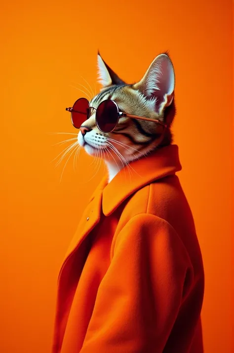 The best mobile wallpaper, Award-winning wallpaper, Portrait Photography, In front view is a portrait of a cute cat wearing 1960s mid-century space-age fashion, Side view shot, Shot with Canon EOS R5, Setting a stark contrast that accentuates the subject, ...