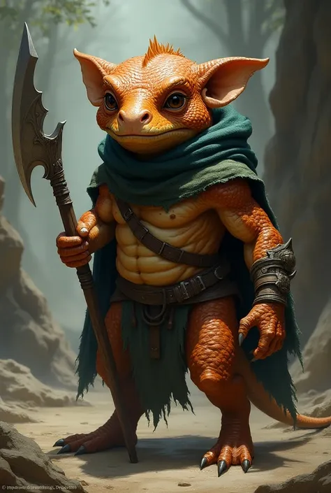  creates a Kobold of DnD edition 5e with copper-colored scales, Without horns ,  with a tabarrabos and a hood that covers it from the sun ,  it also has a halberd on its back 