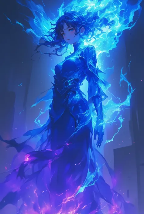 woman, burnt in blue flames, wearing a dress, depth, a little bit of purple flames under