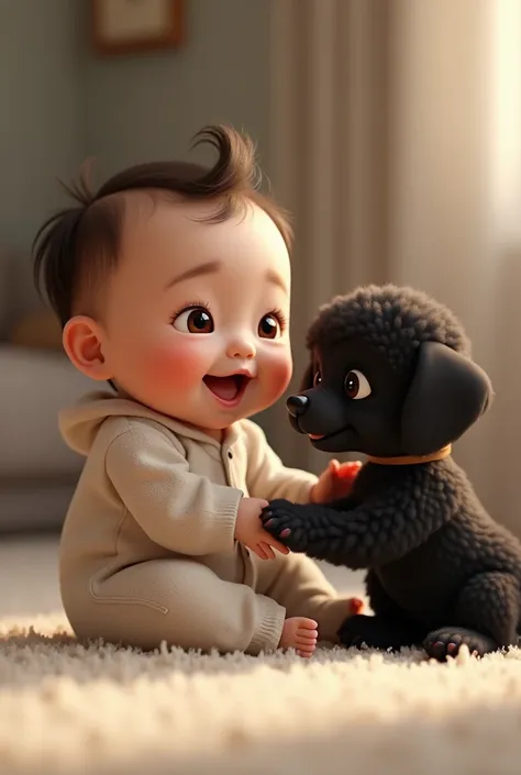 Please create an image with a small baby with Chinese eyes,Chubby boy named Ian , Playing with a puppy breed French Poodle color black