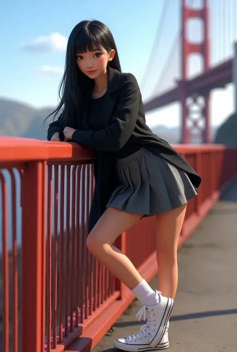 Woman 30, long straight black hair, wearing short grey school girl skirt with black sweater and black short trench coat with white converse high sneakers with white short socks. Leaning and posing at red tube low metal fence. With San Francisco’s Golden Ga...