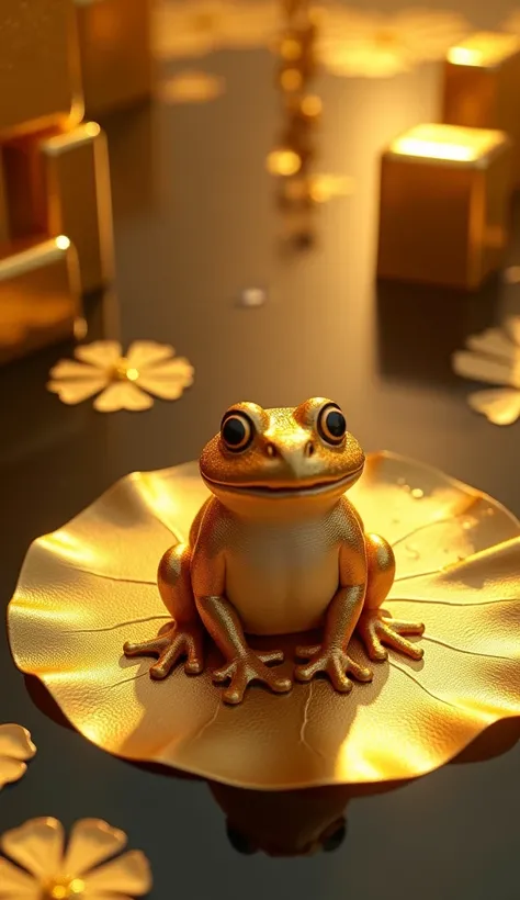 pond，golden lotus leaf，a toad，, a golden toad ，Surrounded by gold bars 