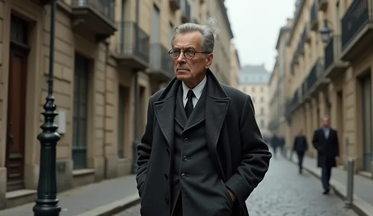 A hyperrealistic depiction of Jean-Paul Sartre strolling through the cobblestone streets of a historic European town on an overcast afternoon. Sartre, in his mid-40s, is dressed in a long, dark wool coat over a slightly rumpled charcoal gray suit, with his...