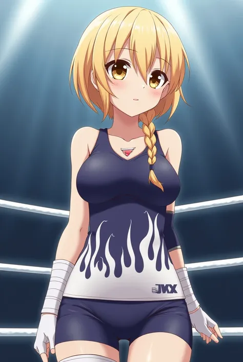 anime,  beautiful woman,  bright light brown eyes ,  short blonde hair with a long braid, tattoo on the abdomen, one-piece wrestling clothing with white flame print, dark blue short petticoat ,  long wrestling boots color white with dark blue, white bandag...