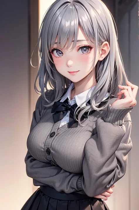 ( best quality, high definition ,8k,inelity detailed background, masterpiece :1.2), pretty girl,( glossy romance gray hair:1.3),(long hair:1.2) ,pony tail,Beautiful grey eyes,Big Breasts,autumn,school uniform,black cardigan,skirt,black tights,(zettairyoiki...