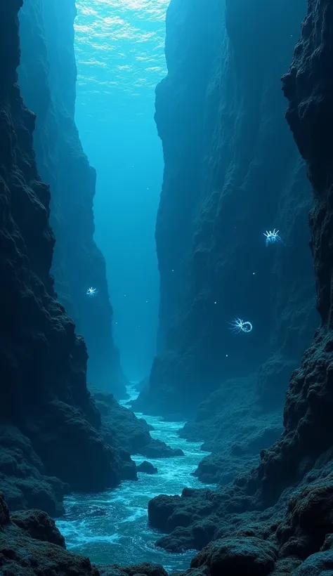 A mesmerizing scene of the deep ocean, where the last traces of sunlight fade into a cold, blue darkness. Towering underwater cliffs and jagged rock formations loom in the distance, covered in bioluminescent algae that emit a faint, ghostly glow. Strange, ...