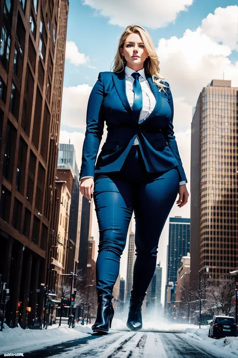 a 10 mile tall sophisticated and stylish curvy giantess in a pinstriped trouser suit, white shirt, and a large wide blue necktie with a really large windsor knot, with a beautiful, curvaceous figure, massive breasts, and blonde long wavey hair, with a curv...