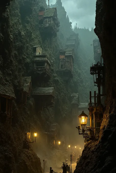 underground city ,  surrounded by earthen walls, Face down, buildings on the roof ,  rusty and heavy , Beehive City,  biorganic buildings , factories, dirty, mechanics, tall building, tower, raw,  steam pipes ,  streetlights everywhere 