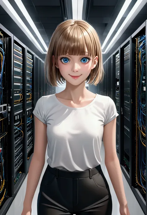 (Full body:1) of a young girl, smart casual, hackers server room, detailed face, ((cool facial expression)), (straight short thin fringe hair:1.2), ultra detailed photograph, (photorealistic), (intricate details:1),(masterpiece :1), (best quality:1), ultra...