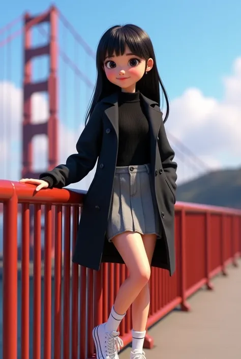 Woman 30, long straight black hair, wearing short grey school girl skirt with black sweater and black short trench coat with white converse high sneakers with white short socks. Leaning and posing at red tube low metal fence. With San Francisco’s Golden Ga...