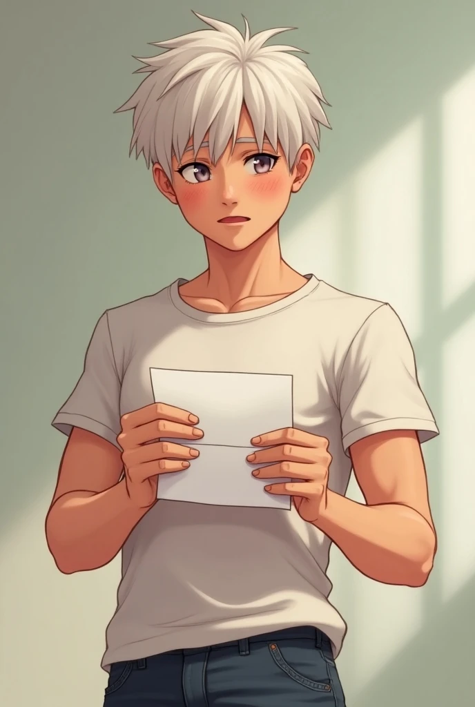 Cute tall 18 year old boy with white hair blushing receiving a fan letter, wearing a tight t-shirt showing his muscles, full body.