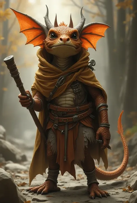  creates a Kobold of DnD edition 5e with copper-colored scales, Without horns ,  with a tabarrabos and a hood that covers it from the sun ,  it also has a halberd on its back , Give it a mild draconic look