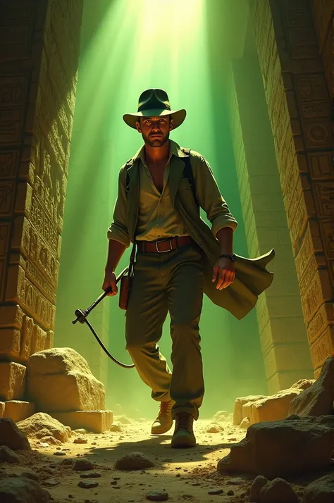  Create Indiana Jones in an Egyptian pyramid with traps . In shades of green and yellow .With a lasso and a hat  