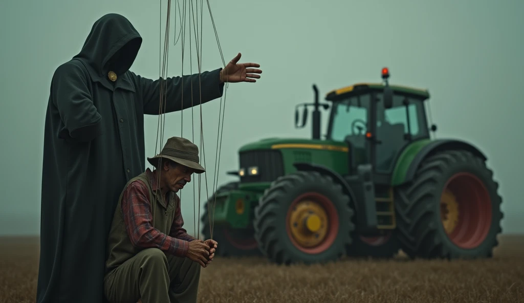 a government puppeteer controlling a farmer puppet, detailed tractor, highly detailed photo realistic, hyper realistic, 8k, sharp focus, studio lighting, physically-based rendering, masterpiece, (best quality:1.2), (realistic:1.4), surreal, dark, gloomy, m...