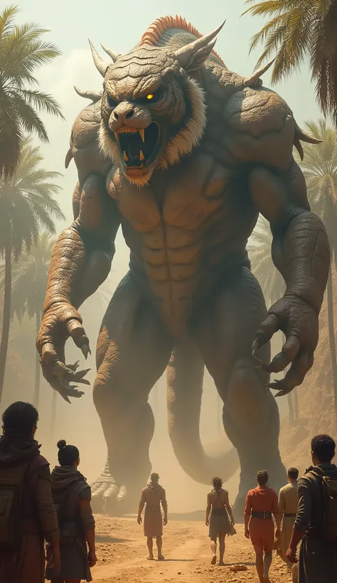  Design a huge hybrid creature that combines tiger elements, snake and eagle .  The creature has a fearful body and face , with bright eyes.  Set this scene in an area of dusty forest ,  surrounded by people who react to your presence .  Emphasize a favora...