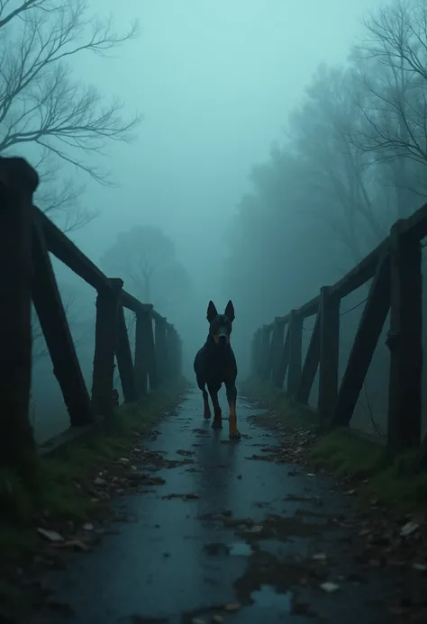 An old, crumbling bridge shrouded in deep fog, with a big mean looking doberman cautiously crossing it. The atmosphere is eerie and mysterious, capturing the essence of fear and uncertainty. The bridge is weathered, with moss and cracks, surrounded by a de...