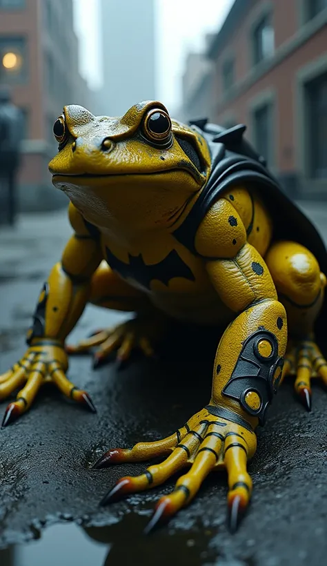 Create a fully realistic and enhanced image of a hybrid creature combining the stealthy, formidable traits of Batman with the unique features of a yellow frog, resulting in an unusual yet intimidating design. The creature should have the lithe, agile body ...