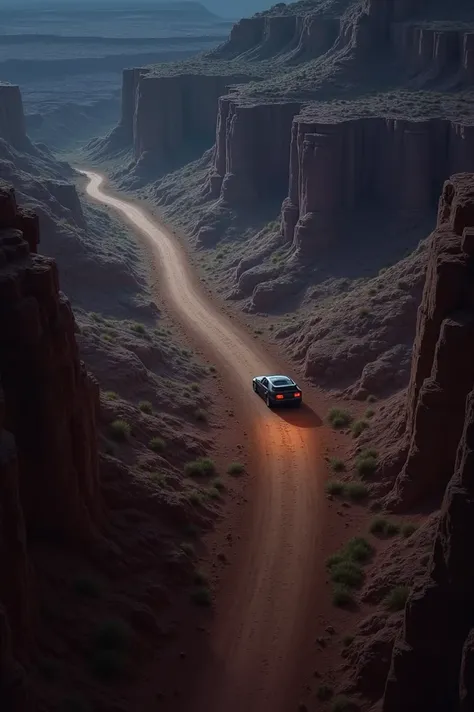  A deserted road at night,  with a car still far away ,  but an unpaved road , crossing the canyons 