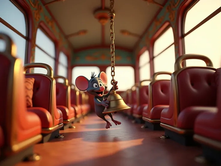 The bus takes a sharp turn, and the mouse loses balance. It tumbles onto the bell chain, causing the bell to ring loudly 3D animation Disney inspired 