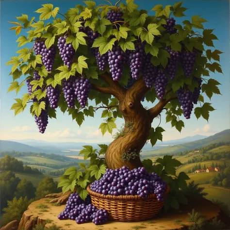  Early Renaissance-style image, of a vine tree with clusters of purple and lush vines with a basket of grapes under the tree with a blue sky