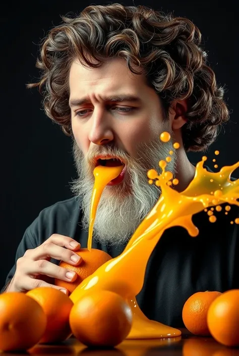 Hyper-realistic fine art photograph in chiaroscuro style against pure black background. A young man with intense dark curly hair and a striking pure white beard squeezes an orange with raw force. His black curls create dramatic volume and texture while his...