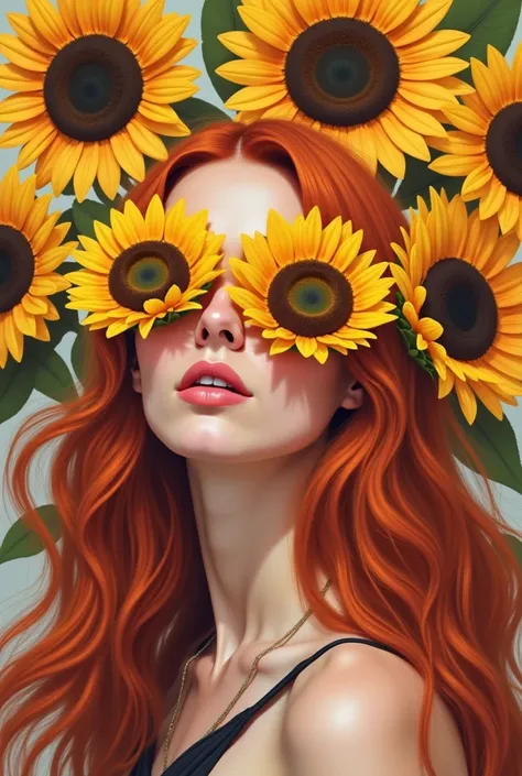 Long hair, wavy hair, red hair, Simple background, abstract, 1girl, sunflowers covering her eyes