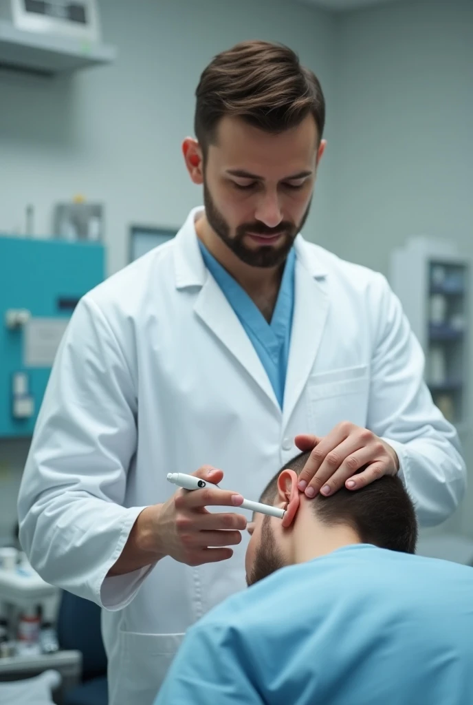 A young male doctor performing an ear wash 