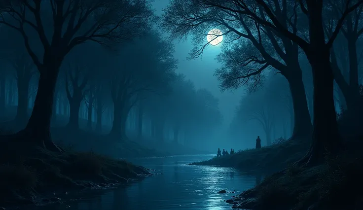 forest, river in the darkness at night in liquid darkness