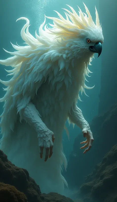 Humanoid mutant hybrid of an anemone with an angry and roaring white cockatoo 