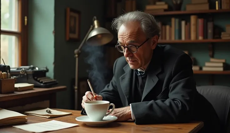 A hyperrealistic scene of Jean-Paul Sartre sitting in a dimly lit room, savoring a cup of coffee in a moment of quiet contemplation. Sartre, in his mid-40s, wears his signature round, wire-rimmed glasses and a dark wool suit, slightly unbuttoned at the col...