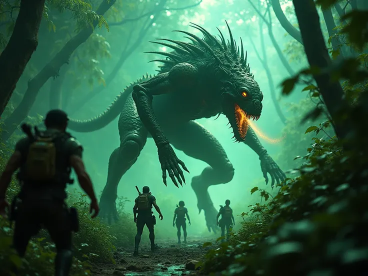 An alien predator, towering and armored with bioluminescent scales, ambushes the group, causing chaos. The scene is chaotic with dynamic movements, blurred action lines, and sudden bursts of bright colors as the predator lunges. Soft, eerie green lighting ...