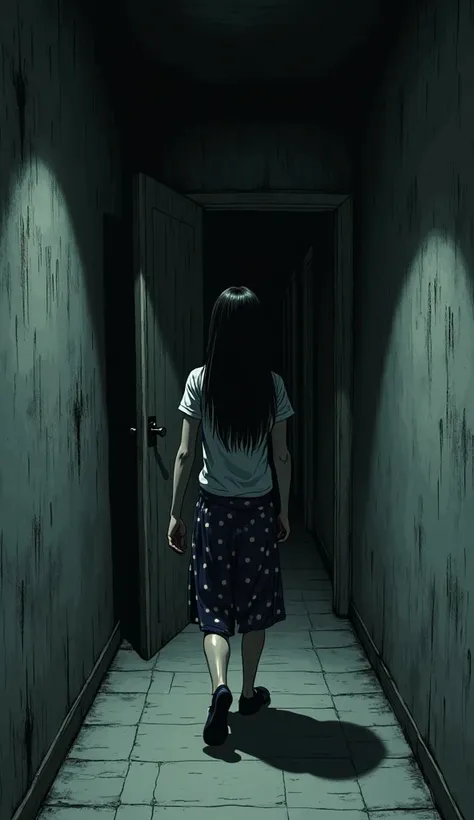  The young woman walks down an empty and dark corridor ,  with the walls looking distorted and the details surreal .  The bathroom door creaks when opened . The background is dark,  with textures that convey a sense of discomfort ,  while her expression of...