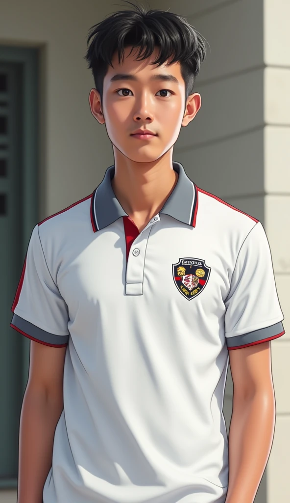 A young man wearing a student uniform, a white polo shirt with a grey collar and grey sleeves with a red stripe and the shirt has a logo that says dalumpines 