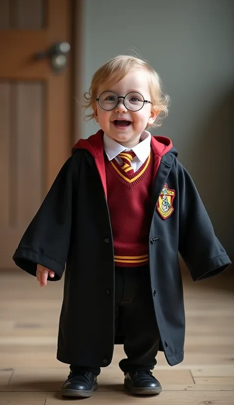 Short from below, low angle camera, wide angle, a cute  baby smiling, standing up tall, in costume of Harry Potter.