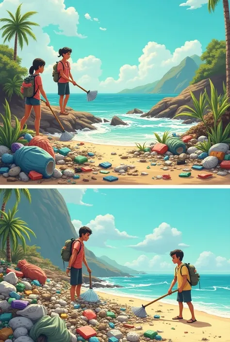 Create good quality images in six images 
Box 1 :
(Scene:  María and Luis are on the beach with garbage bags .  The beach is full of garbage .)
 Box 2 :
( Luis points to a plastic bottle while María is To pick it up .)
 Voz 3 :
( Luis puts the plastic bott...