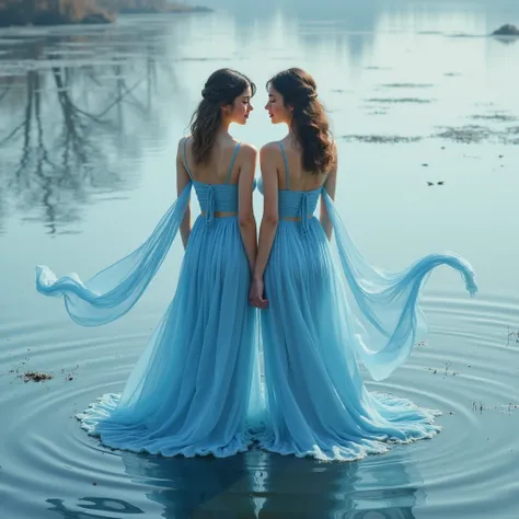 water pollution : In winter,  Accumulation of pollutants in water, such as due to melting ice 、 May Affect Water Quality and Aquatic Ecosystems ..  creates lesbian couples standing vertically in water、Delicate Blue Dress Clothing Brand 