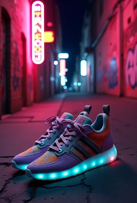  A modern and stylish urban scene ,  with graffiti and brick walls exposed in the background ,  neon lights illuminating the street . In the foreground,  a pair of Adidas Bad Bunny sneakers , with vibrant details , em um estilo streetwear.  The image conve...