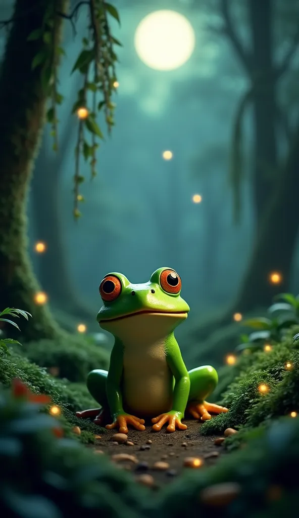 a green frog in 3d. in a forest at night lit by fireflies, and the moonlight in the background