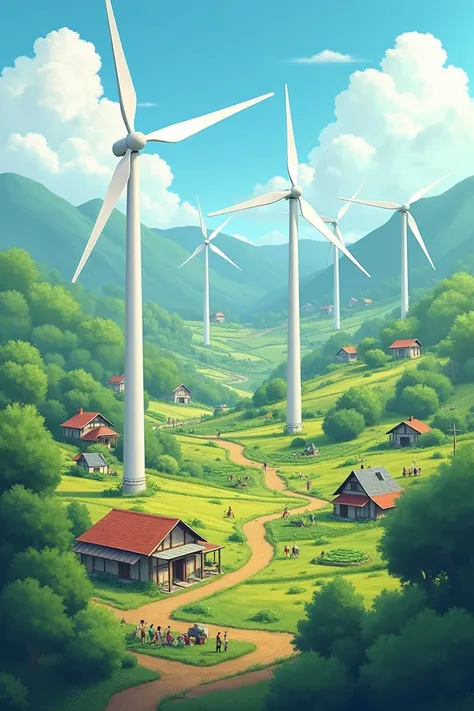  Develop a sustainable electricity generation solution using wind energy to provide clean electricity to a rural community, promoting social and economic development ,  in addition to reducing dependence on non-renewable sources .
Show the rural city on th...