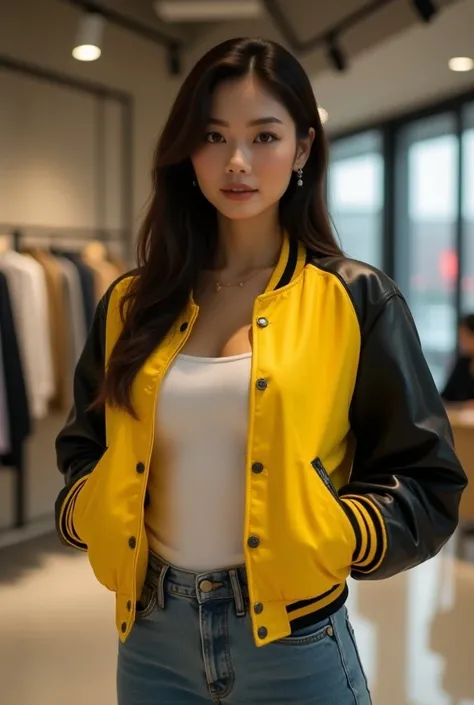 Beautiful asian woman in the baseball yellow jacket with black leather sleeves and jeans wide leg in the shop