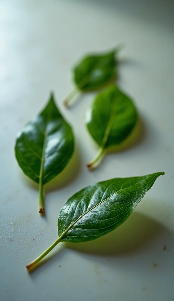 DISCREET image. image 3 bay leaves on the table, IMAGES WITH VIBRANT COLORS.