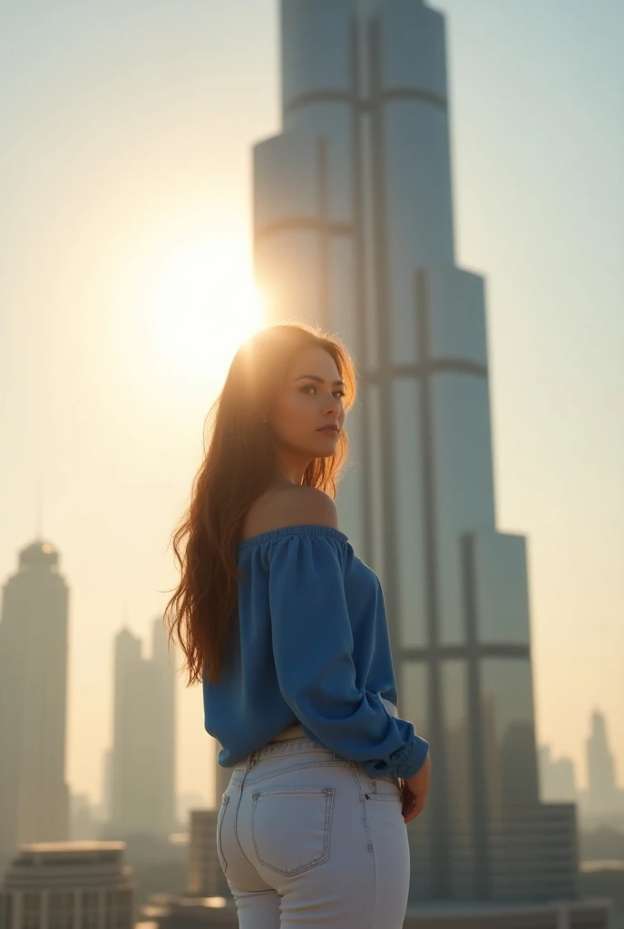 A full-length girl with long brown wavy hair , is wearing white jeans and a blue shirt standing in front of Burj Khalifa half the sun in Dubai