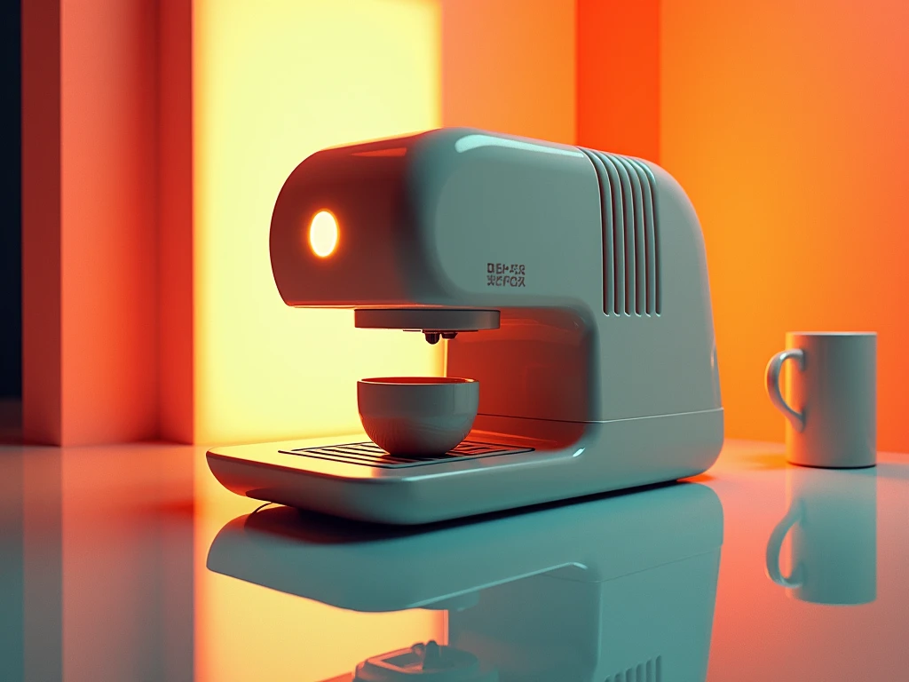 A surreal coffee maker designed by Dieter Rams. Product ad retro. Colorful stunning design.